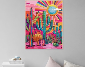 Full Drill Diamond Painting Kits Modern Desert Succulents Plant Sun Cactus Pink Wall Art DIY 5D Diamond Art for Adults Diamond Dots Canvas