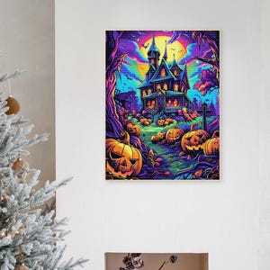 Halloween abóboras casa assombrada kits de pintura de arte de diamante adulto, mosaico colorido de arte de parede de morcego de halloween, pintura de tela de parede de presente de halloween