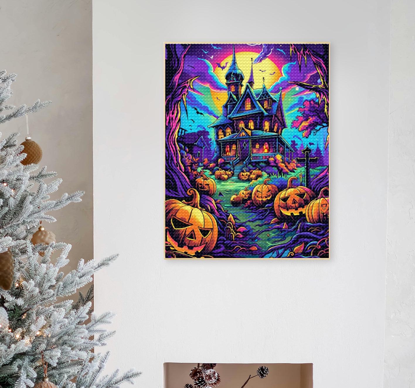 Halloween Pumpkins Haunted House Diamond Art Painting Kits Adult,Colorful Halloween Bat Wall Art Mosaic,Halloween Gift Wall Canvas Painting