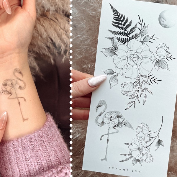 temporäre Tattoos Pfingstrose mit Farn floraler Flamingo Mohnblume Lavendel Zweig