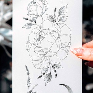 Temporary Tattoos Big Set 10 Birth Flowers Peonies Poppy Deer Moons Bouquet Crescent Moon Lavender Butterfly image 2