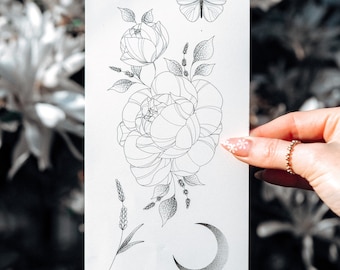 temporary tattoos floral peony butterfly lavender crescent moon