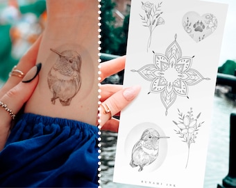 temporary tattoos hummingbird bird forget-me-not lavender mandala lisianthus bouquet dog paw