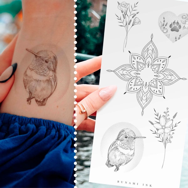 tatouages temporaires colibri oiseau oublie-mon-pas lavande mandala lisianthus bouquet patte de chien