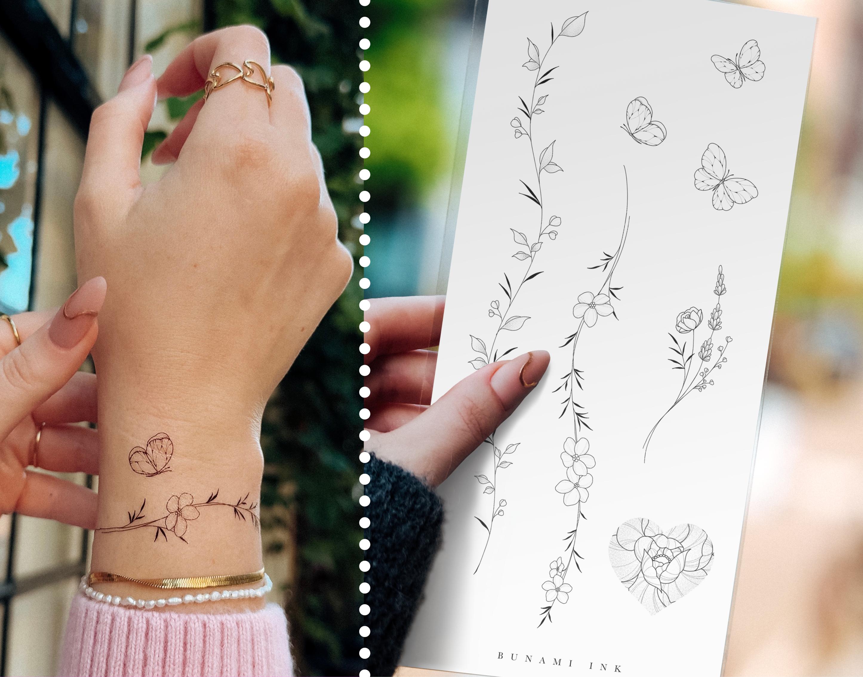Fine Line Flower Bracelet Tattoo Idea