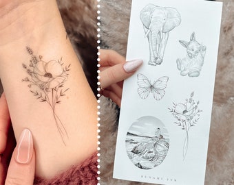 temporary tattoos elephant bunny lighthouse landscape sea butterfly posy