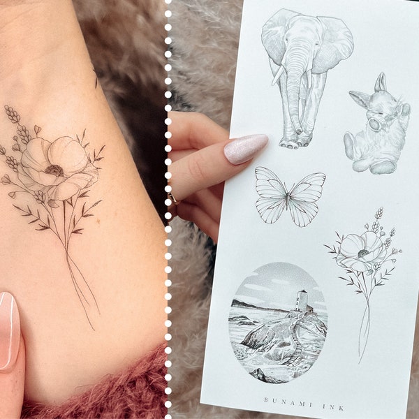 tatouages temporaires éléphant lapin phare paysage mer papillon posy