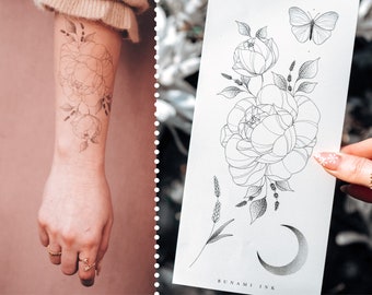 temporary tattoos floral peony butterfly lavender crescent moon