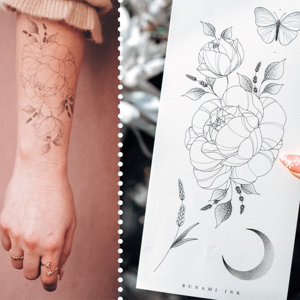 tatuajes temporales florales peonía mariposa lavanda luna creciente