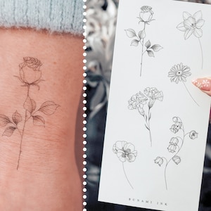 Temporary Tattoos 6 Birth Flowers January-June Rose Daffodil Carnation Snowdrop Violet