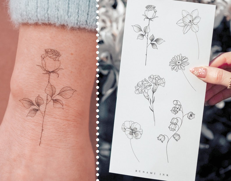 Temporary Tattoos 6 Birth Flowers January-June Rose Daffodil Carnation Snowdrop Violet 