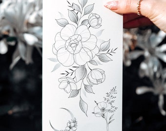 temporäre Tattoos kleines florales Sträusschen Pfingstrose Wildblumen Mond Sichel