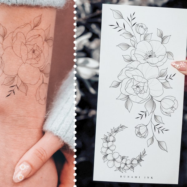 temporäre Tattoos Pfingstrose Mond Mohnblume floraler Wildblumen Armband Halbmond