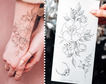 temporäre Tattoos kleines florales Sträusschen Pfingstrose Wildblumen Mond Sichel