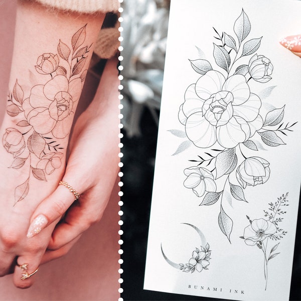 tatouages temporaires petit bouquet floral pivoine fleur sauvage croissant de lune