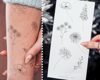 temporary tattoos 6 birth flowers July–December poppy larkspur aster chrisanthemum marigold holly flower birthflowers