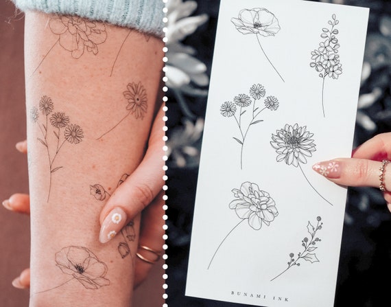 Flowers Temporary Tattoo Floral Bouquet Peony Nature Black Gray Monochrome  Simple Minimalist Line Illustration Dainty Delicate Waterproof - Etsy