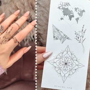 tatouages temporaires carte du monde avion en papier bouquet mandala floral silhouette