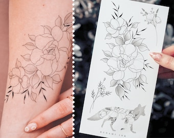 temporary tattoos 4 tattoos fox wildflowers peonies bouquet floral silhouette