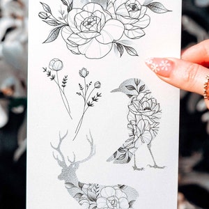 Temporary Tattoos Big Set 10 Birth Flowers Peonies Poppy Deer Moons Bouquet Crescent Moon Lavender Butterfly image 4