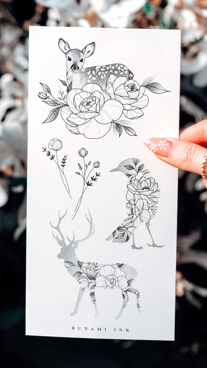 Temporary Tattoos Big Set 10 Birth Flowers Peonies Poppy Deer Moons Bouquet Crescent Moon Lavender Butterfly image 4