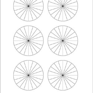 May include: A white sheet featuring six identical black line drawings of circles. Each circle is divided into twenty equal segments by thin black lines radiating from a central point, creating a geometric pattern resembling a wheel or a clock face.