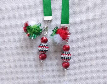 Stitch Counter - Christmas Red, Green and White Pom Pom Balls with Red, Green, and White Beads Make This Stitch Marker