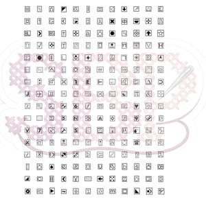 Pode incluir: Um padrão de ponto cruz com uma grade de vários símbolos pretos dentro de pequenos quadrados, sobreposto com um grande texto costurado em rosa que diz SEB e uma agulha prateada. O design inclui diversos ícones como setas e sinais.