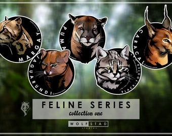 May include: A set of four illustrated stickers featuring different wild cats. The stickers are round and have black backgrounds with white text. The cats are a margay, a jaguarundi, a puma, and a black-footed caracal. The text on the stickers reads "Margay", "Jaguarundi", "Puma", and "Black-Footed Caracal". The stickers are part of a "Feline Series" collection.