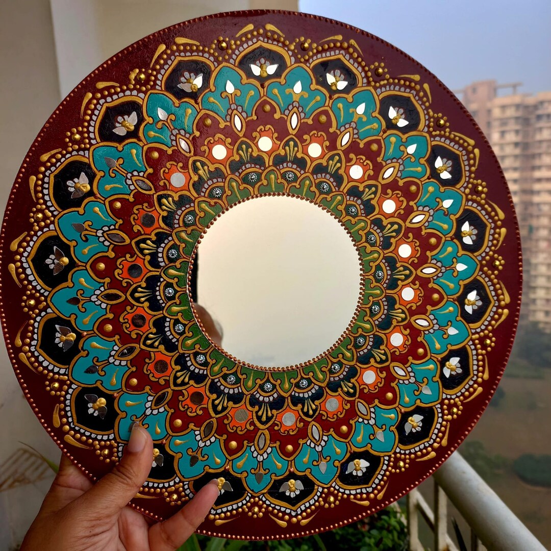 Handmade Mandala Artwork Mirror Work Mdf Maroon Etsy