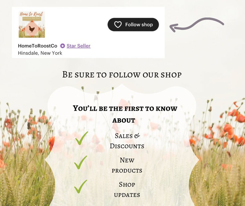 May include: A graphic with a red heart icon and the text "Follow shop" in a white box. The graphic is set against a background of a field of red poppies. The text "BE SURE TO FOLLOW OUR SHOP" is in black text. Below the text is a white box with the text "YOU'LL BE THE FIRST TO KNOW ABOUT" in black text. Below the text are three check marks with the text "SALES & DISCOUNTS", "NEW PRODUCTS", and "SHOP UPDATES" in black text.