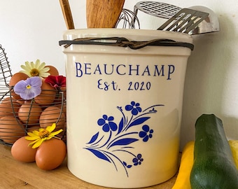 Personalized Utensil Crock: 1 Gallon Stoneware with Flower Design