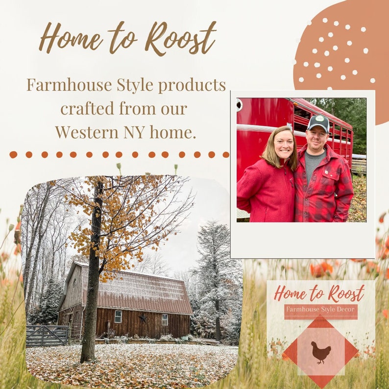 May include: A couple stands in front of a red truck with a white cab and a wooden bed. They are both wearing red shirts. The woman has long brown hair and is smiling. The man has short brown hair and is wearing a baseball cap. The text "Home to Roost" is written in white letters on a brown background. The text "Farmhouse Style Decor" is written in white letters on a brown background. The image is set in a rural setting with trees and grass in the background.