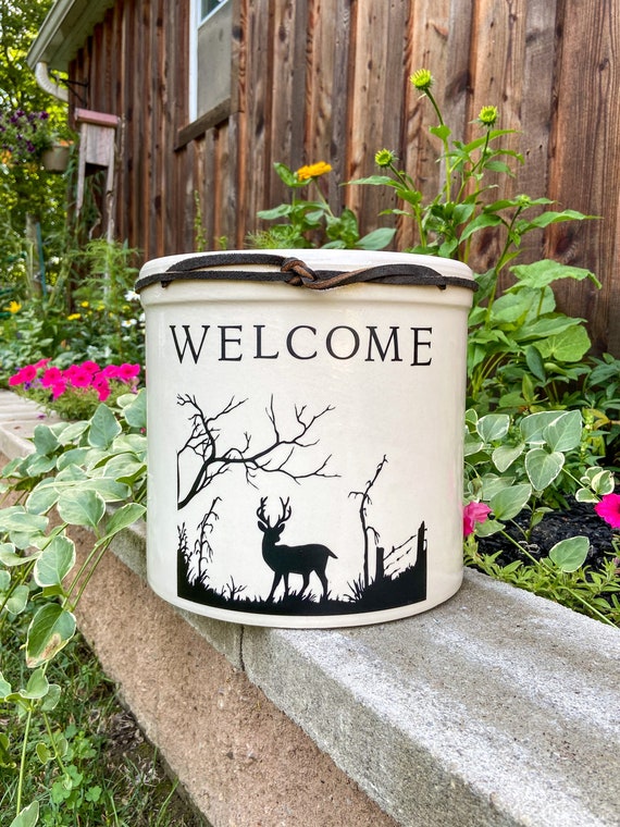 Personalized Deer Decor Stoneware Crock: Hunting Cabin Gift