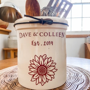 Personalized Kitchen Utensil Holder, 1 Gallon Crock, Customized Crock, Made in USA, Mother&#39;s Day Gift, Custom Stoneware, Sunflower Gift