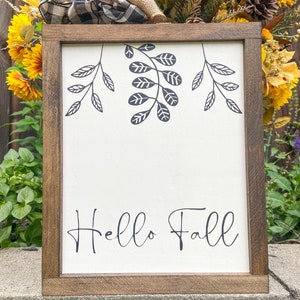 Hello Fall Sign, Fall Leaves Sign, Autumn Farmhouse Decor, Modern Fall Sign, Chic Fall Sign, Framed Wood Sign for Fall