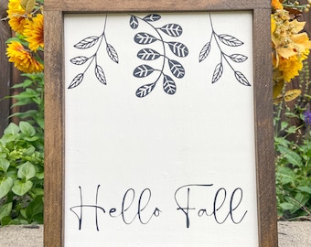 Hello Fall Sign, Fall Leaves Sign, Autumn Farmhouse Decor, Modern Fall Sign, Chic Fall Sign, Framed Wood Sign for Fall