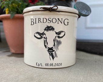 Cow Gift for Farmer, Personalized Crock, Father's Day Gift for Farmer, Customized Stoneware, Farm Name Gift, Cow Decor, Stoneware Planter