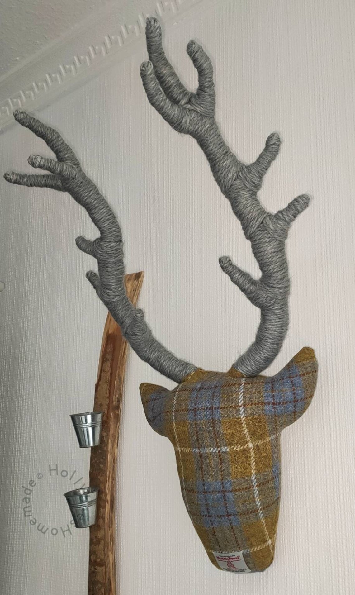 XL Stags Head Wall Hanging 77 x 34cm Mustard & Blue Check Etsy