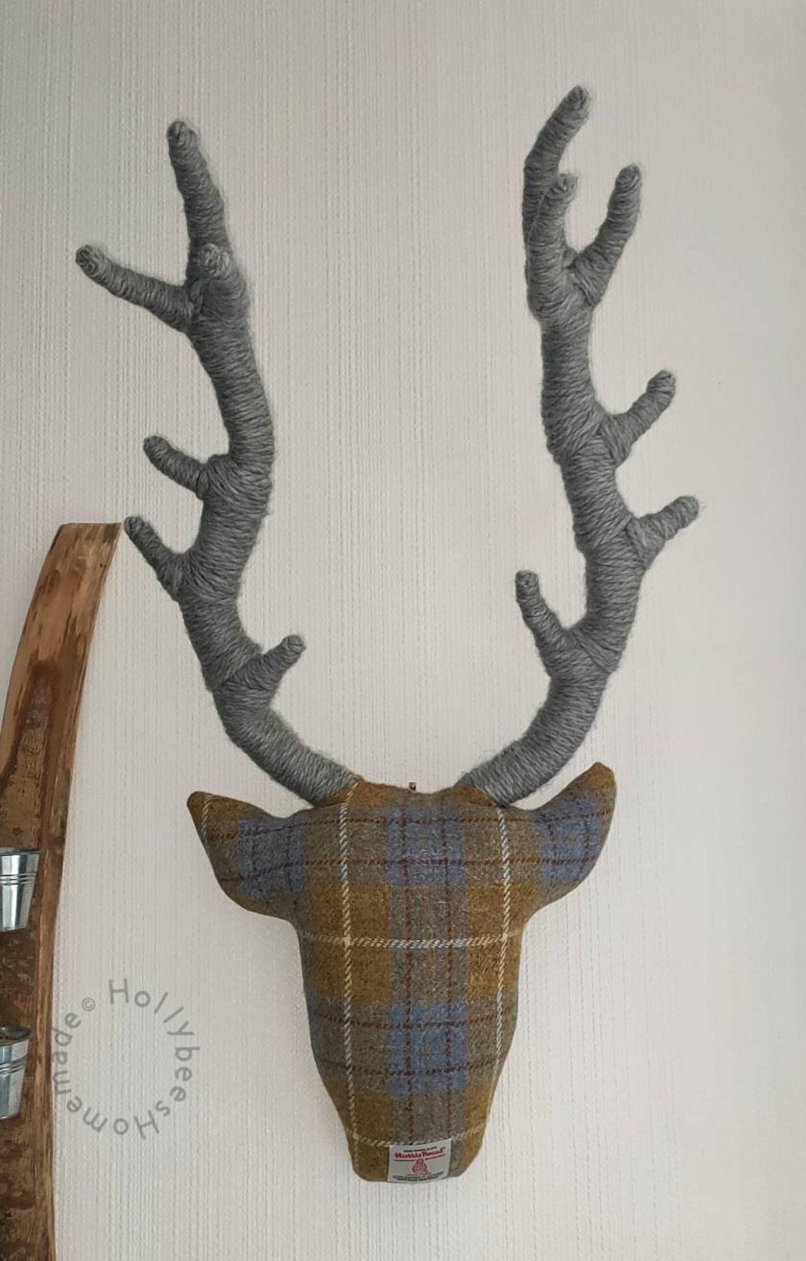 XL Stags Head Wall Hanging 77 x 34cm Mustard & Blue Check Etsy