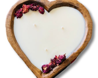 Heart shaped Rustic wooden Dough Bowl Scented Candle 25 oz for Valentine's Day