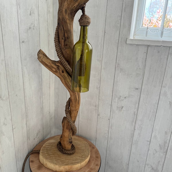 Handmade Rustic Driftwood Floor lamp with hanging bottle Bulb (Lamp will differ to picture)