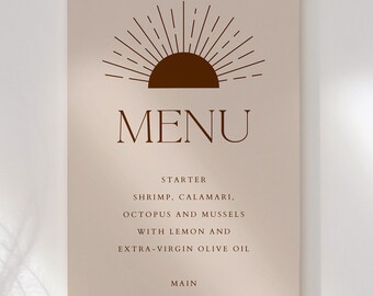 Wedding or Bridal Shower Menu Editable Template, Printable Instant Download, Boho Neutral Earthy Sunray Design Modern Minimal DIY WED44