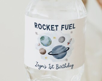 Editable Outer Space Water Bottle Labels Astronaut Party Decor Space Birthday Rocket Fuel Label Printable Planets Galaxy Template Z292