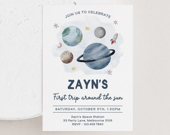 Convite de aniversário espacial editável, primeira viagem ao redor do sol, astronauta azul, galáxia, planetas, espaço sideral, festa, foguete, digital z292