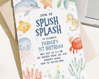 Invitación de cumpleaños bajo el mar, plantilla editable, descarga instantánea, imprimible, bricolaje, criaturas del océano para niños, tortuga, chapoteo, chapoteo, 1.º, 2.º, 3.º, H8