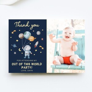 Space Birthday Thank You Card Astronaut Planets Outer Space Party Digital Printable Instant Download Template Galaxy Thank You Note Z292