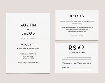 Modern Wedding Invitation Template Bundle, Minimalist Editable Instant Download Invite RSVP Details Card Templett Wedding Suite DIY WED15