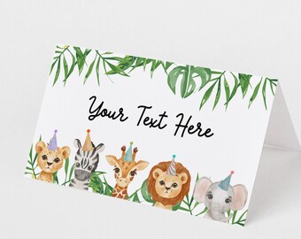 Safari Place Card Editable Template, Printable Instant Download, Colorful Food Labels for Birthday or Baby Shower, Party Animals Decor Z293