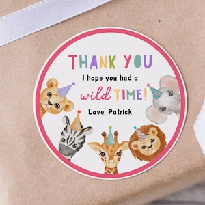 Editable Party Animals Favor Tags, Girl or Boy Wild One Safari Animals Thank You Tags, Gift Tag Digital Template Wild Time Zoo Stickers Z293